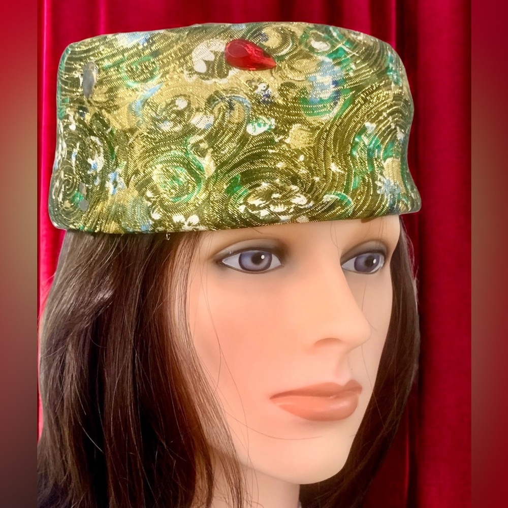 Vintage Colorful Pillow Hat Costume Green & Yellow with Red Jewel